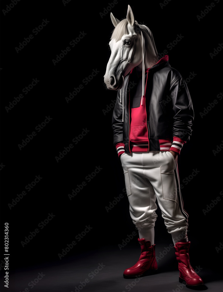 Creative animal concept. Horse full body in hip hop stylish fashion isolated on dark background, commercial, editorial advertisement, surreal, copy text space	
