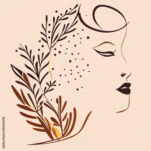 women face in one line art style with flowers and leaves continuous line art in elegant style, 4910 photo