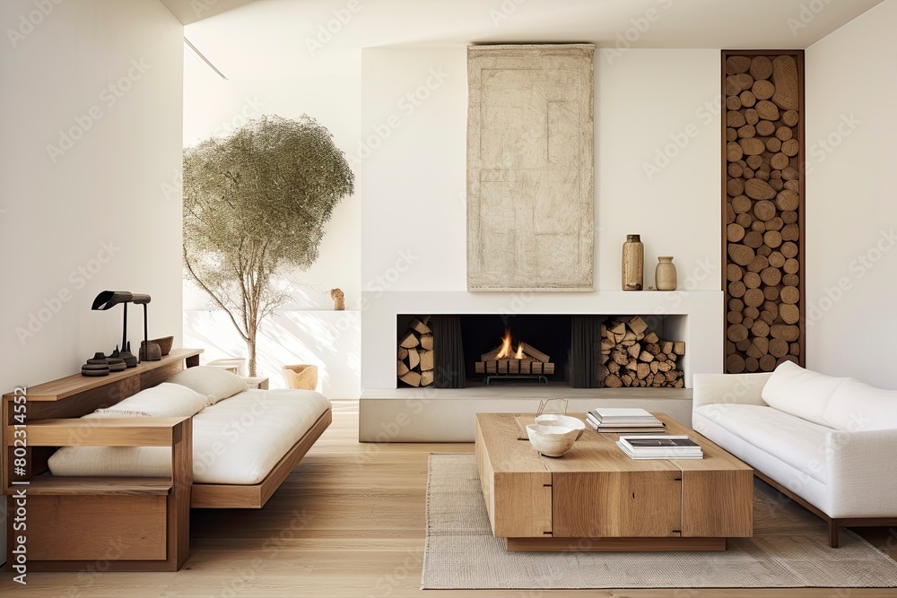 Clean Minimalist Living Room with Fireplace and Wood Clean Minimalist Living Room with Fireplace and Wood