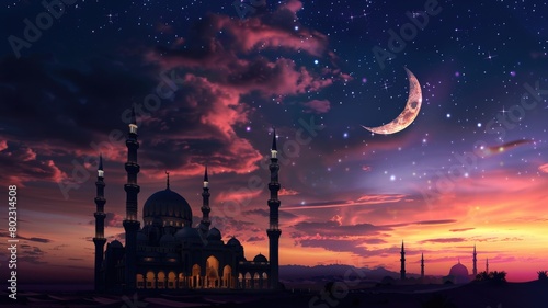 night scene featuring a crescent moon illuminating a beautifully detailed mosque with minarets and a starry sky  representing the start of the Islamic New Year