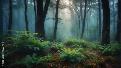 an enchanting scene of a mystical fog-filled forest landscape, where magic seems to linger in the air. © xKas