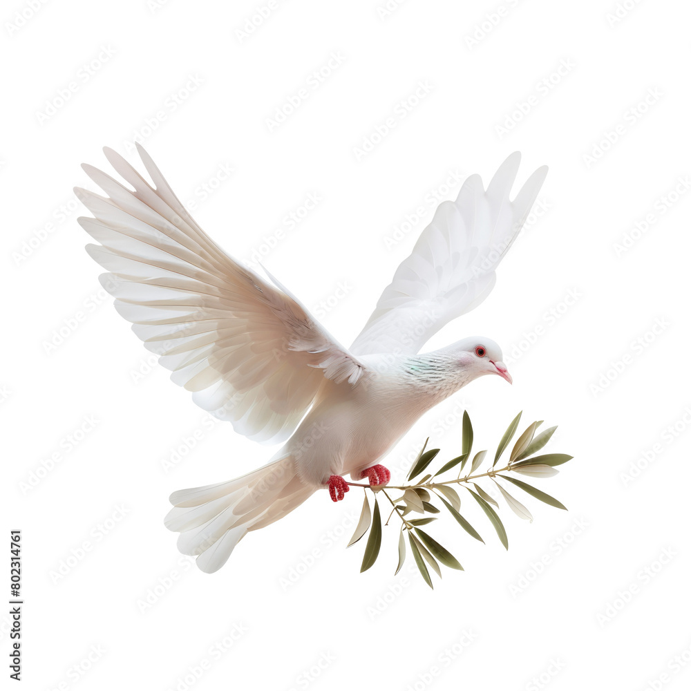 Fototapeta premium white dove of peace flying with green olive twig isolated on transparent background with space for text