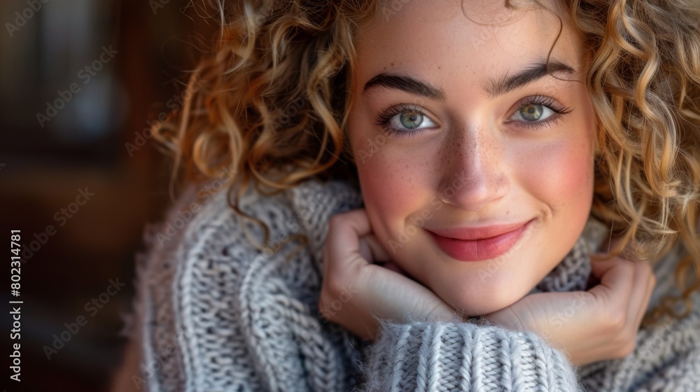 Smiling Woman in Cozy Sweater Smiling Woman in Cozy Sweater