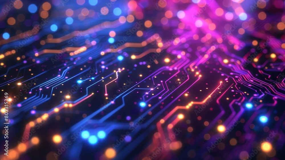 Technology meets connectivity in a vibrant image of a computer circuit board with fiber optics background, illuminated by blue and violet LED lights Technology meets connectivity in a vibrant image of a computer circuit board with fiber optics background, illuminated by blue and violet LED lights