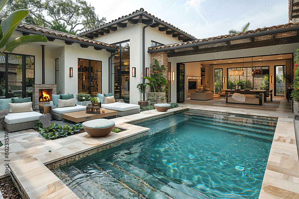 A stylish courtyard pool with a fire pit and lounge area, perfect for evening gatherings and outdoor entertaining.