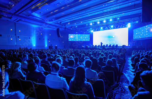 A large audience at an event, sitting in front of the stage with blue LED screens and light decorations, was viewed from behind, capturing people's attention during a conference or business meeting