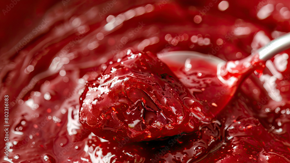 Strawberry jam in a spoon close-up. Selective focus. Strawberry jam in a spoon close-up. Selective focus.