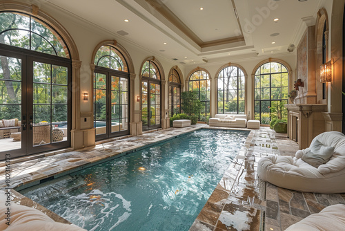 A stylish indoor pool with a retractable cover  allowing for year-round enjoyment regardless of the weather outside.