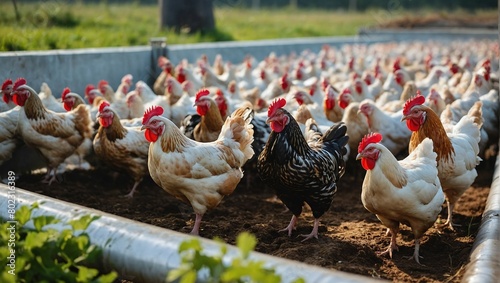 chickens graze behind a low metal fence, looking for insects in the soil photo