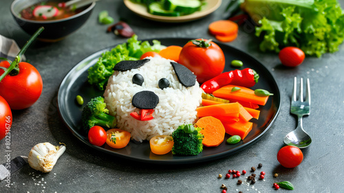 A plate with children food in the shape of an animal. Selective focus. photo