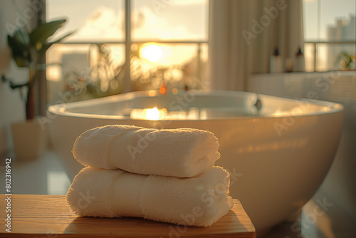 a clean towel on the background of the bathroom, close up