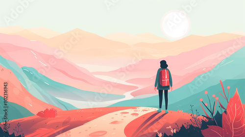 Hiker standing and enjoying incredible view of mountains. Flat modern illustration. Copy space for text