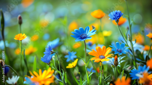 A vibrant field of blue and orange wildflowers, captured in natural light with a macro lens to highlight the delicate petals against lush green grass.
