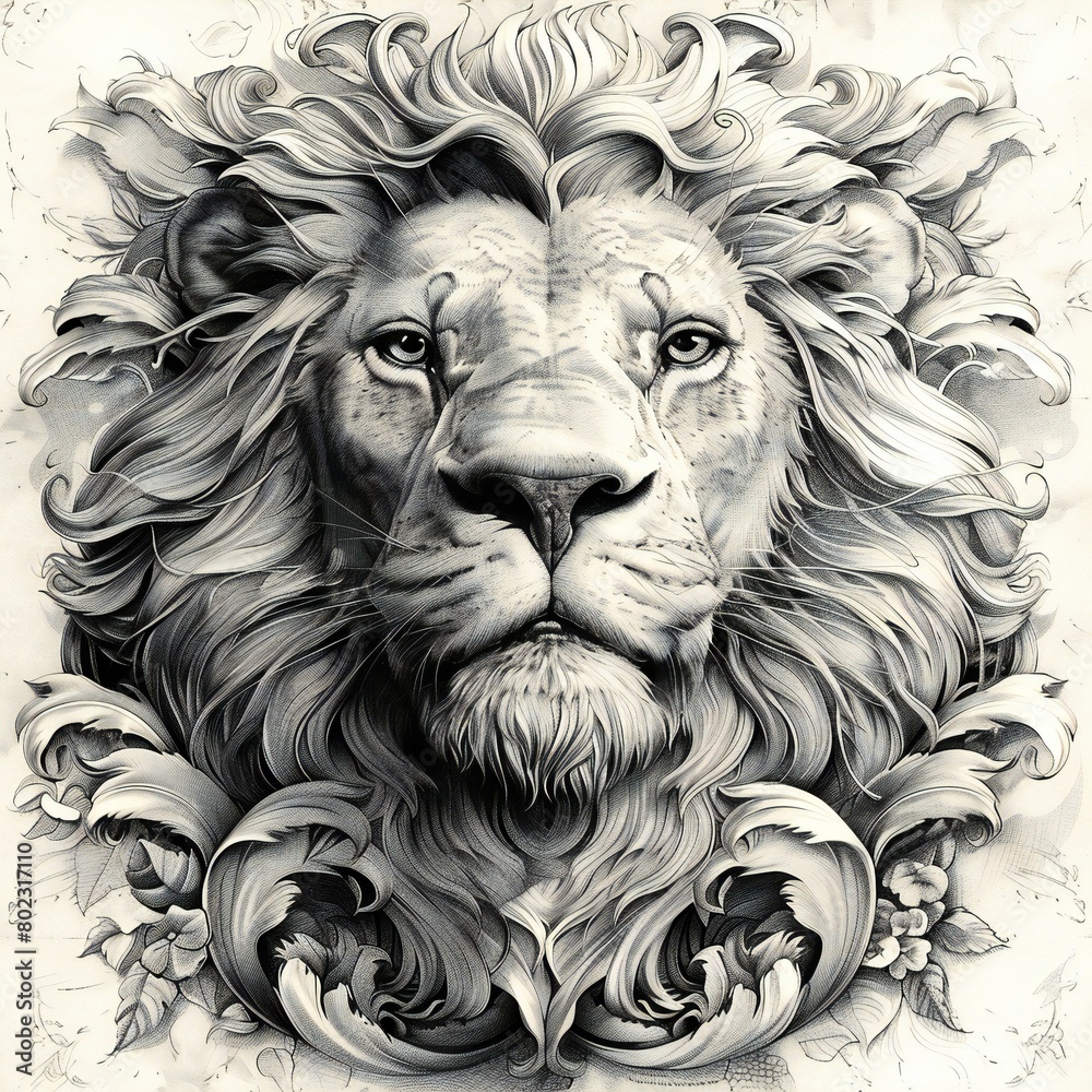 Lion head with floral ornament on old paper background,  Hand-drawn illustration