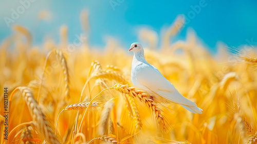White dove over a wheat field in Ukraine. Selective focus.