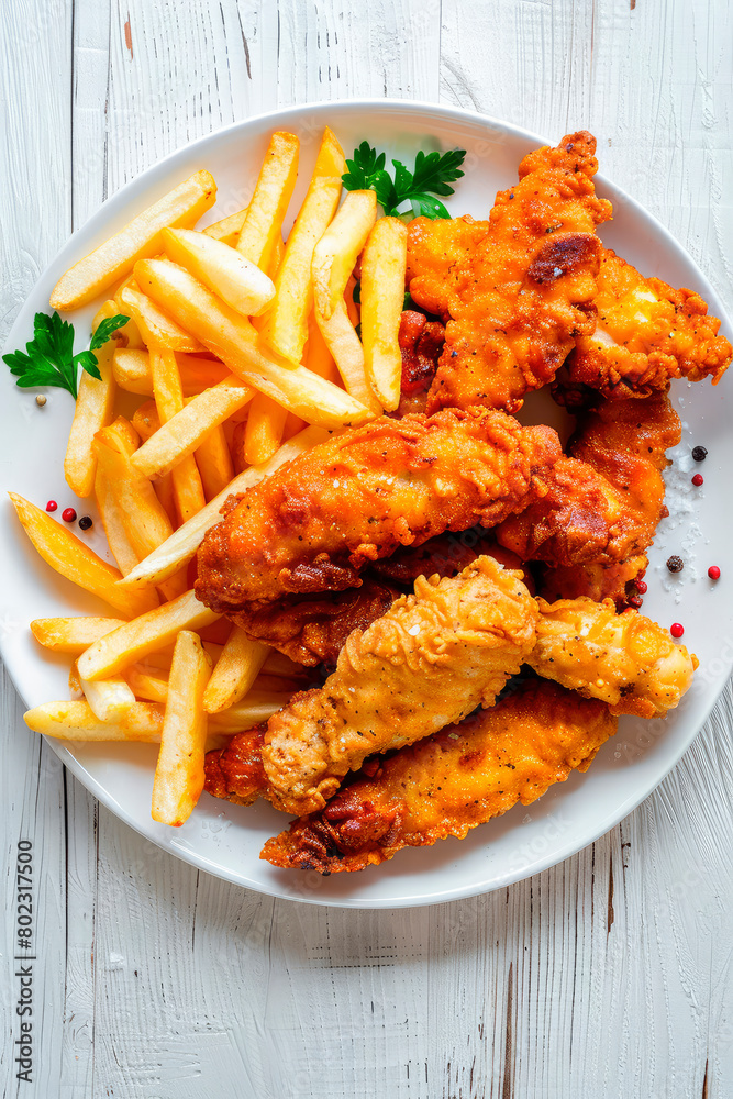 French fries and chicken strips. Selective focus. French fries and chicken strips. Selective focus.