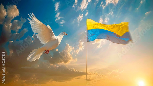White dove against the background of the flag of Ukraine. Selective focus.