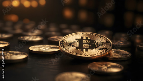 Bitcoin Crypto currency, Gold Bitcoin, BTC, close up. Bitcoin coins on black background. Blockchain technology, bitcoin mining concept.