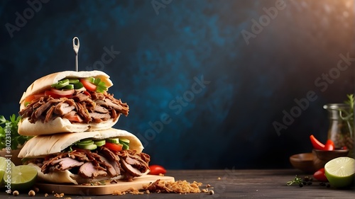 commercial menu banner with copy space area featuring hot, freshly cooked beef Turkish or chicken Arab shawarma doner sandwich with flying ingredients and spices.