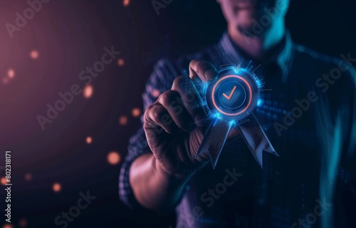Approval and Achievement with Virtual Award, Man Holding Digital Ribbon for Quality Assurance, Futuristic Recognition in Technology