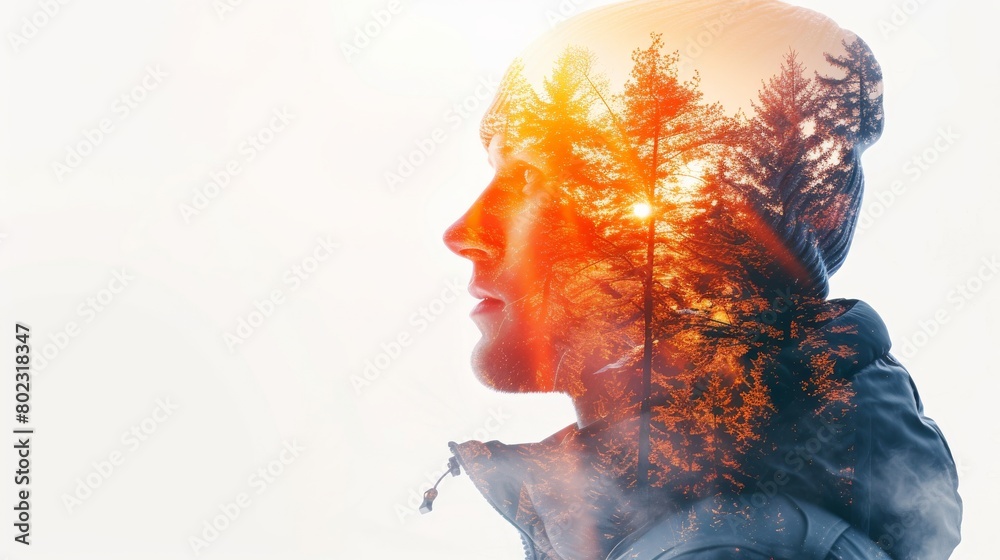 Double exposure photography of close up traveller and the tranquil forest, nature, adventure, forest, man, hiking, backpack, young, lifestyle, tourist, outdoors