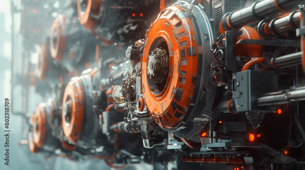 A futuristic machine with orange and black components