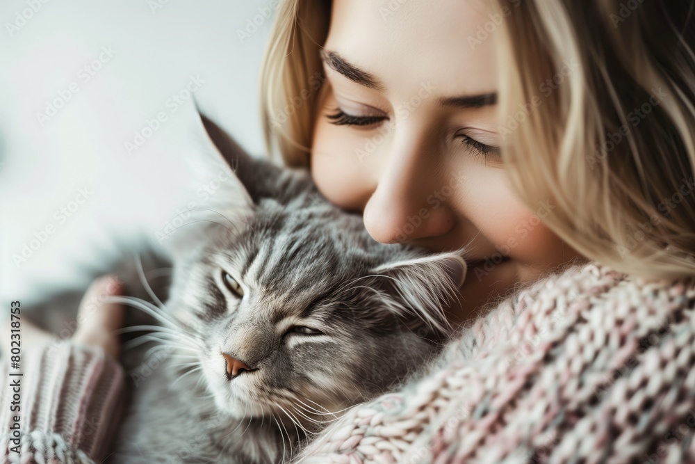 Woman embracing her pet cat at home