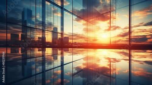 Modern office building or business center. High-rise window buildings made of glass reflect the clouds and the sunlight. empty street outside  wall modernity civilization. growing up business