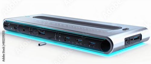 A 3D render of a versatile docking station with a sleek, futuristic design and multiple connectivity ports, isolated on white background