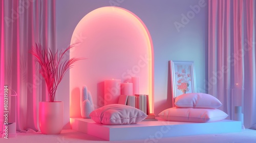 A cozy reading nook setup for Mothers Day includes soft cushions and classic novels displayed on a pink plinth, under gentle glow neon lighting, product display background