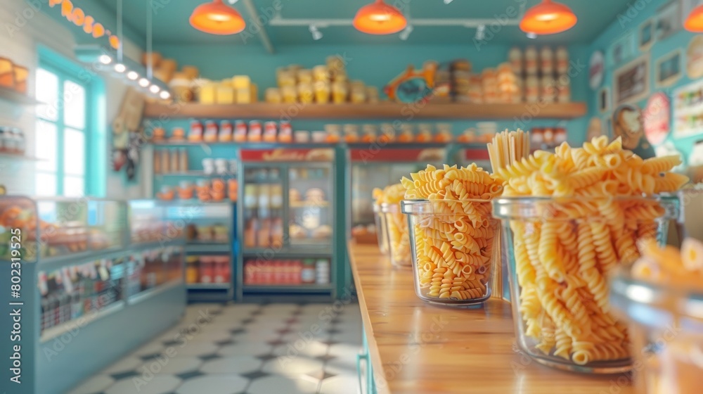 Vibrant D Rendering of a Bustling Pasta Shop Showcasing a Colorful Culinary Experience