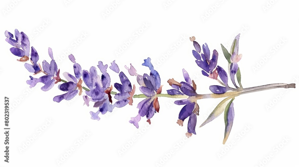 A watercolor painting of a minimal lavender sprig, cute and calming, isolated on white background