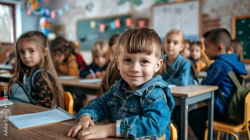 primary elementary school group of children studying in the classroom. learning and sitting at the desk. young cute kids smiling, high quality photo