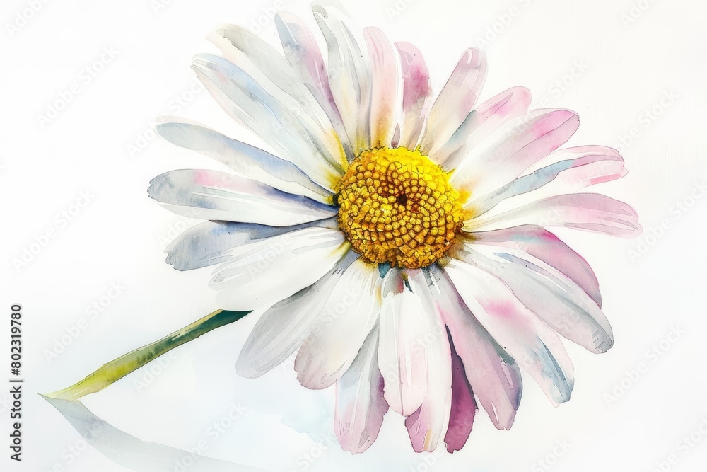 A watercolor painting of a simple daisy with a bright center, clean and fresh, isolated on white background A watercolor painting of a simple daisy with a bright center, clean and fresh, isolated on white background