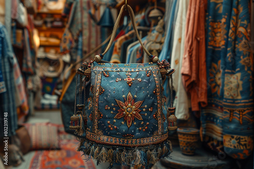 A chic crossbody bag adorned with intricate beadwork, hanging from a hook in a bohemian-style bedroom.