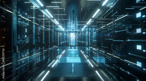 Shot of Corridor in Working Data Center Full of Rack Servers and Supercomputers with Internet connection Visualization Projection, technology, digital, futuristic, future, © pinkrabbit