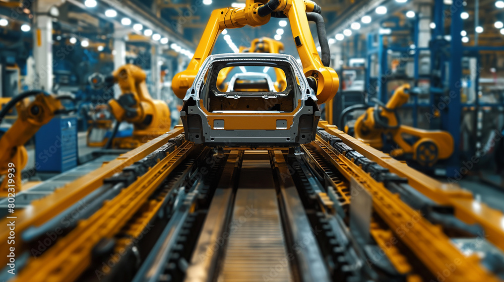 The car factory has yellow robotic arm