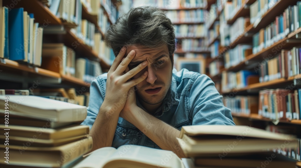 student man have anxiety because of exams, male prepare for test and learning lessons in the library. stress, despair, haste, misunderstanding reading, discouraged, expectation, knowledge, tired student man have anxiety because of exams, male prepare for test and learning lessons in the library. stress, despair, haste, misunderstanding reading, discouraged, expectation, knowledge, tired