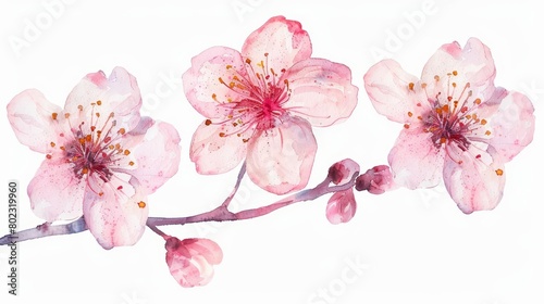 A watercolor painting of three kawaii cherry blossoms, so cute and springlike, isolated on white background