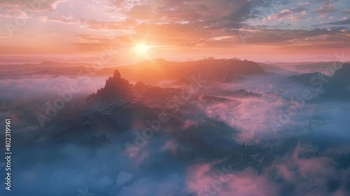 An aerial view captures the sprawling beauty of a misty mountain landscape at twilight