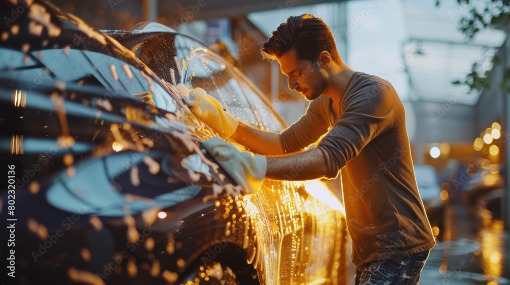A man is doing a self-service car wash. A man is doing a self-service car wash.