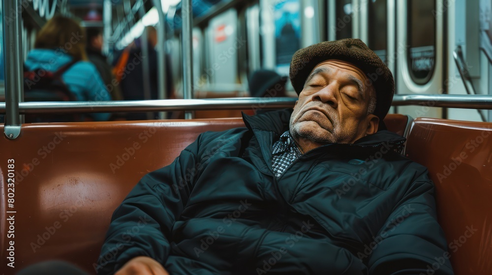 An old man was sleeping in a subway seat. An old man was sleeping in a subway seat.