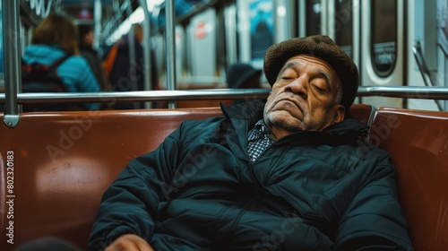 An old man was sleeping in a subway seat.