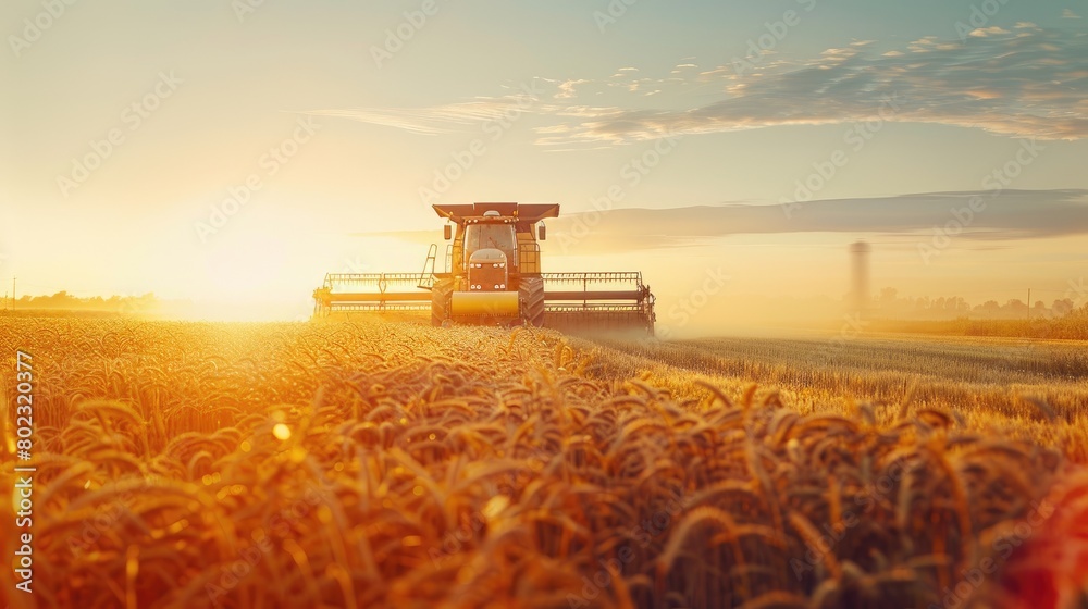 Fototapeta premium Golden Harvest Dance: Combine Cutting Through Ripe Grain Fields