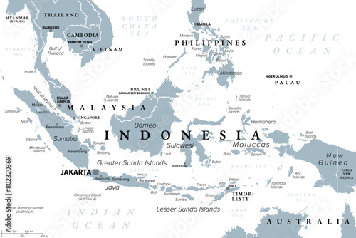 Indonesia, a country in Southeast Asia and Oceania, gray political map. Republic and archipelago with capital Jakarta, and largest islands Sumatra, Java, Sulawesi, and parts of Borneo and New Guinea. photo