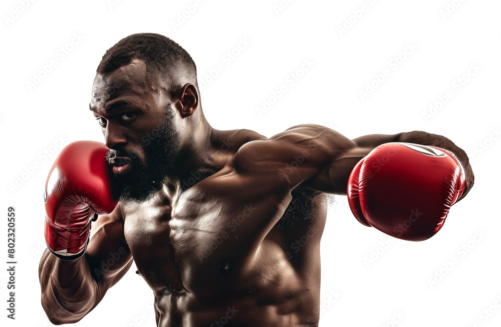 Boxer in fighting stance with muscles tensed