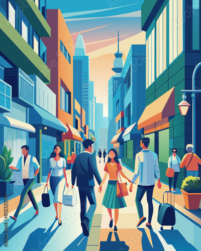 Bustling Urban Street Scene with Pedestrians and Modern Skyline Plastic Bag Free Day
