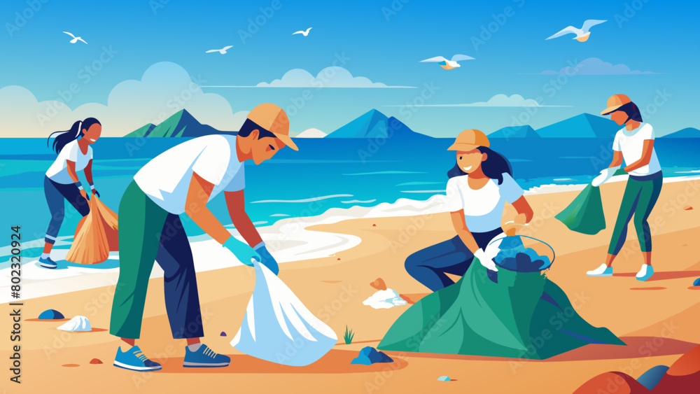 Fototapeta premium Volunteers Cleaning Plastic Waste on Sunny Beach Day Plastic Bag Free Day