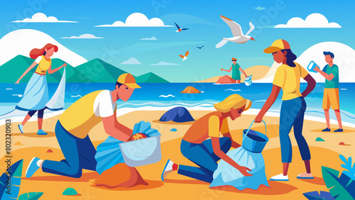 Beach Cleanup Volunteers Collecting Trash on Sunny Day Plastic Bag Free Day