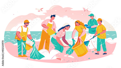 Volunteer Group Cleaning Beach Pollution at Sunset Plastic Bag Free Day